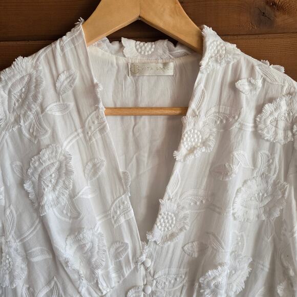 Vita Grace Dress Sierra Embroidered Cotton Summer Day Floral White Button Boho - Picture 6 of 8